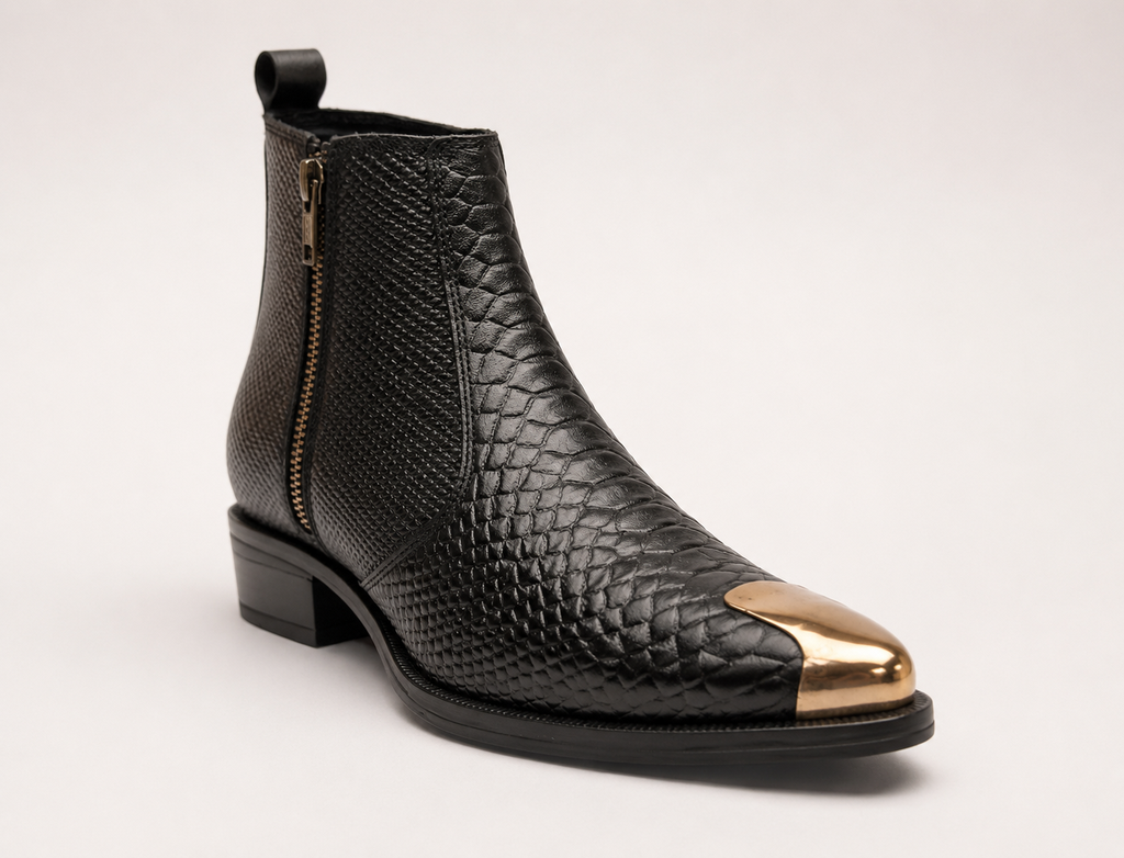 Black Croco Gold Toe Cuban Heel Leather Boots (IND -6 (UK -40))